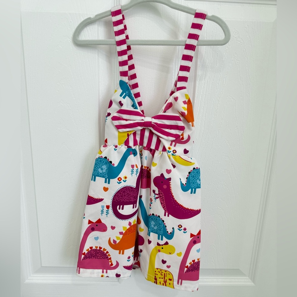 Colorful kids Dinosaur Print Dress with Bow